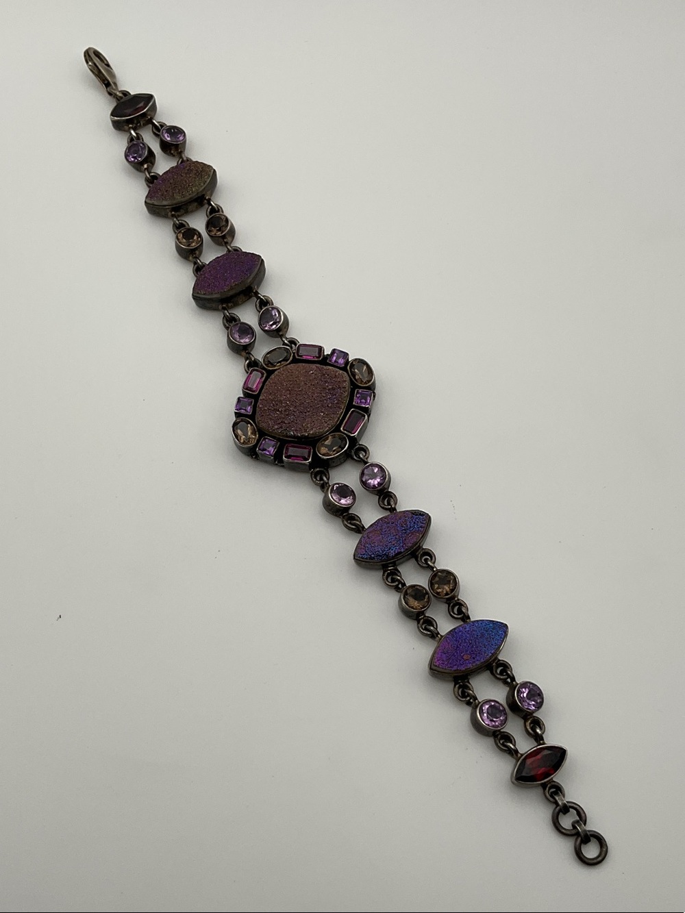 Nicky Butler Purple Druzy and Crystal Sterling Silver Link Bracelet